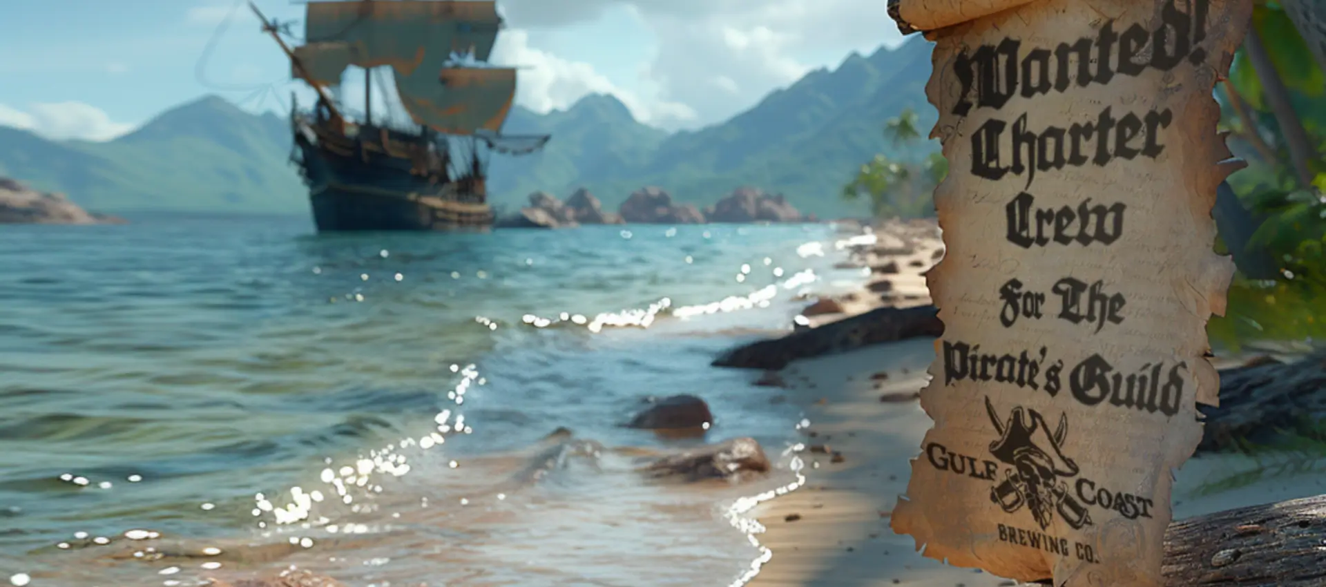 An old pirate ship sails beside a scroll for Gulf Coast Brewing Company and its Florida craft beer selection.