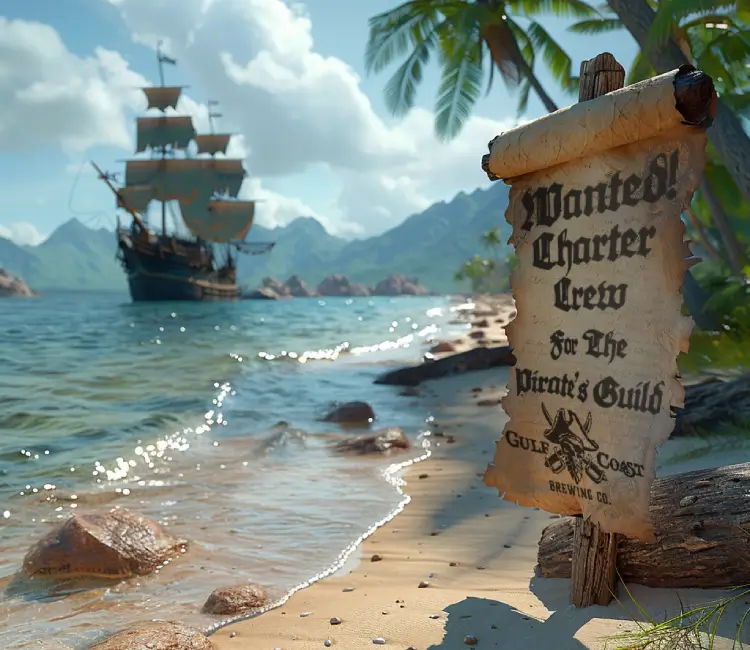 An old pirate ship sails beside a scroll for Gulf Coast Brewing Company and its Florida craft beer selection.