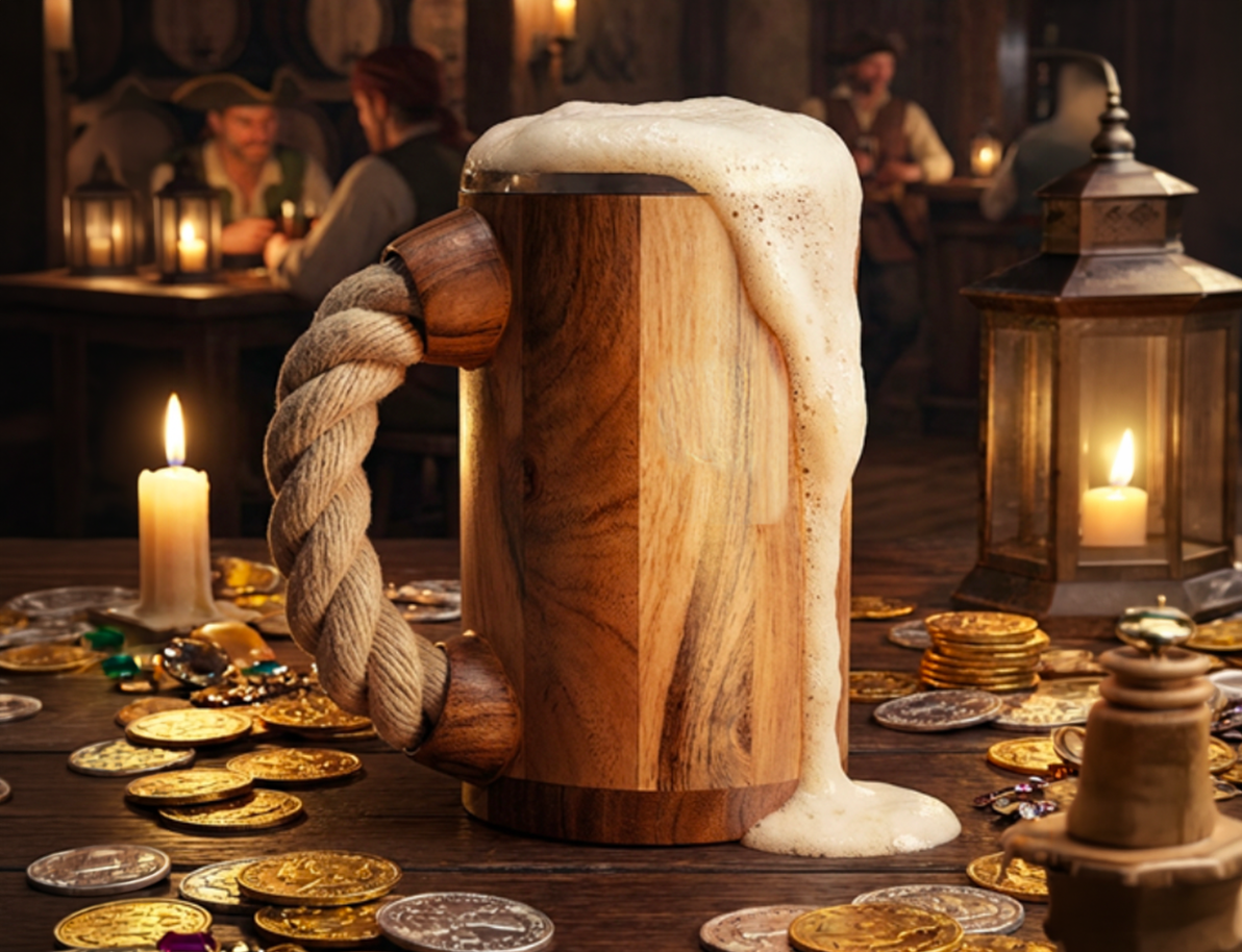 Carved wood details on the beer mug highlight the Florida craft beer aesthetic of Gulf Coast Brewing Company.
