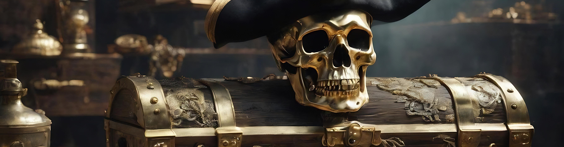 Positioned above a chest, the pirate skull reinforces the branding of Gulf Coast Brewing Company in Sarasota, FL.