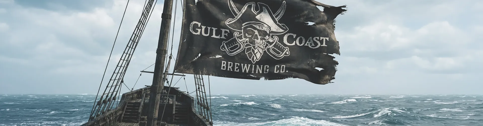 Floating over the ship, the pirate flag highlights the coastal style of Gulf Coast Brewing Company in Sarasota, FL.