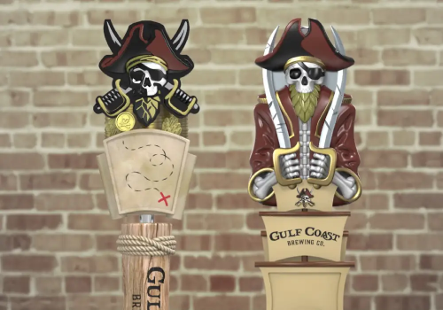 Pirate-themed wine bottles showcase the creative Sarasota beer company style of Gulf Coast Brewing Company.