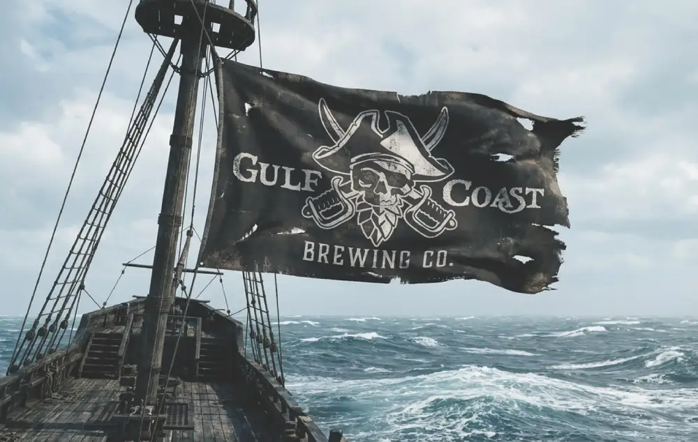 A pirate ship carrying its flag reflects the brewery near Siesta Key identity of Gulf Coast Brewing Company.