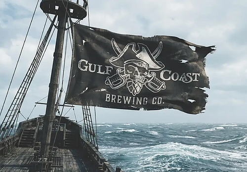 A pirate ship carrying its flag reflects the brewery near Siesta Key identity of Gulf Coast Brewing Company.
